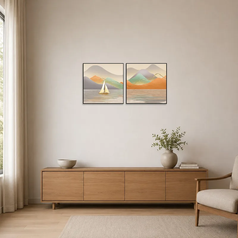 Sailing Serenity art set accentuating a minimalist room decor.