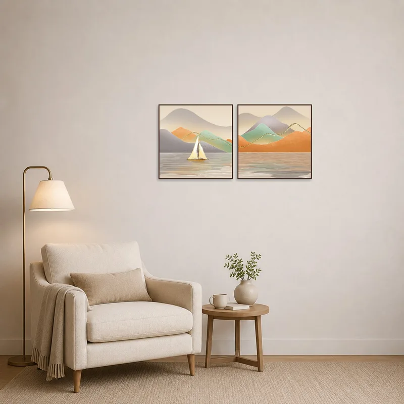 Abstract landscapes enhancing the coziness of a reading nook.