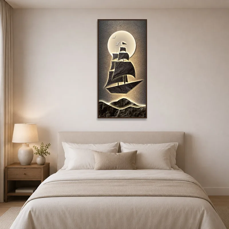 The Sailing Ship Silhouette Print adds a tranquil touch to the bedroom wall.