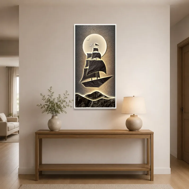 Sailing Ship Silhouette Print greets visitors in a stylish entrance hall.