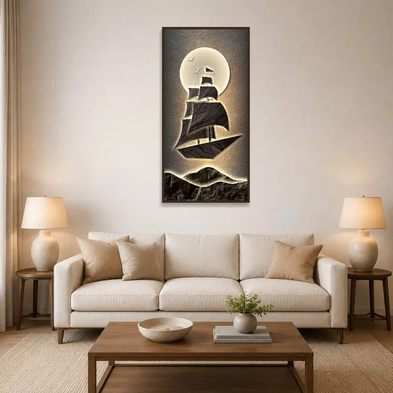 The Sailing Ship Silhouette Print hangs above a cozy sofa in the living room.