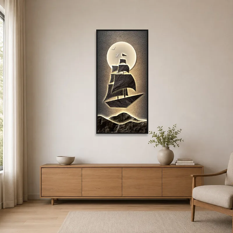 A serene Sailing Ship Print complements the minimalist, clutter-free space.