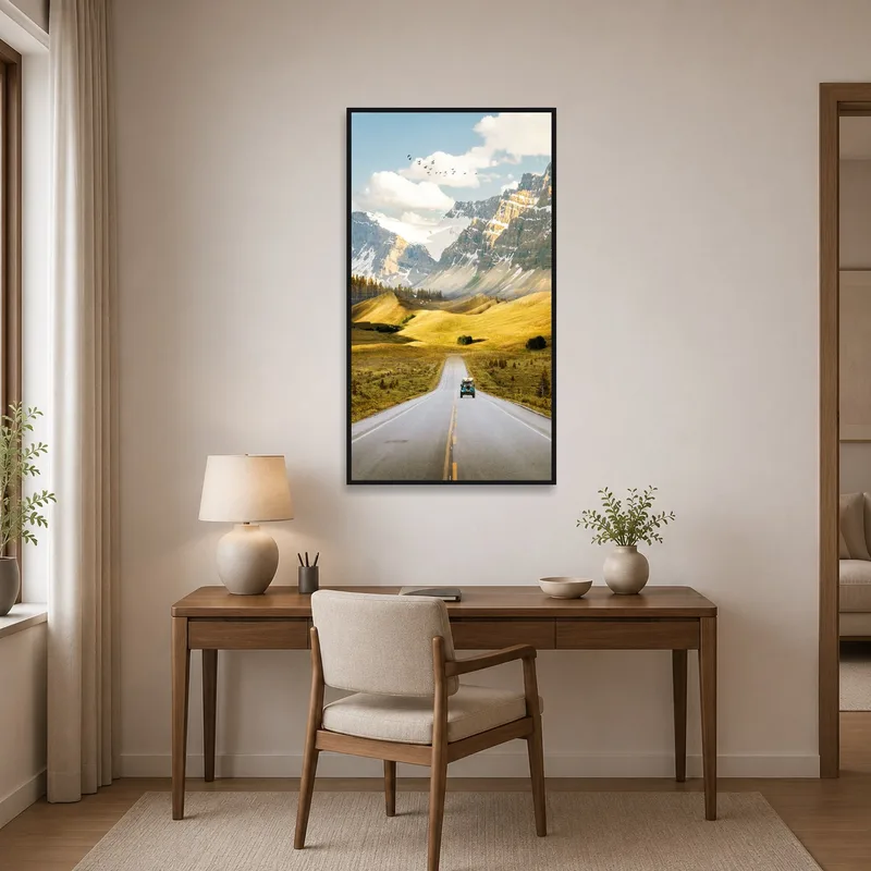 Home office wall displays artwork of a vintage car on a winding mountain road.