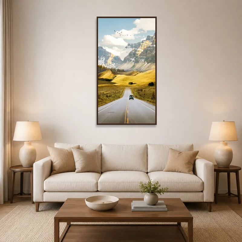Artwork of a classic car on a mountain road displayed above a modern living room sofa.
