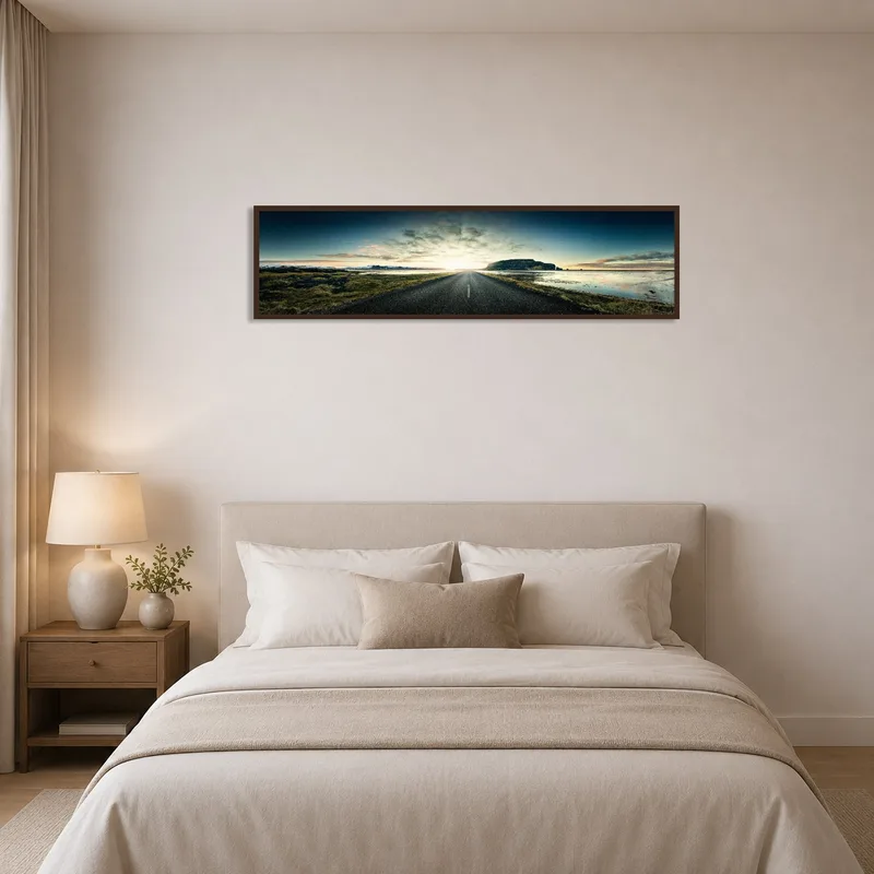 A scenic road leads you to tranquility, providing a sense of depth above the bedroom headboard.