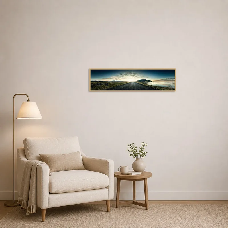Display of a calming scenic road to horizon print enhances the tranquility of the reading corner.