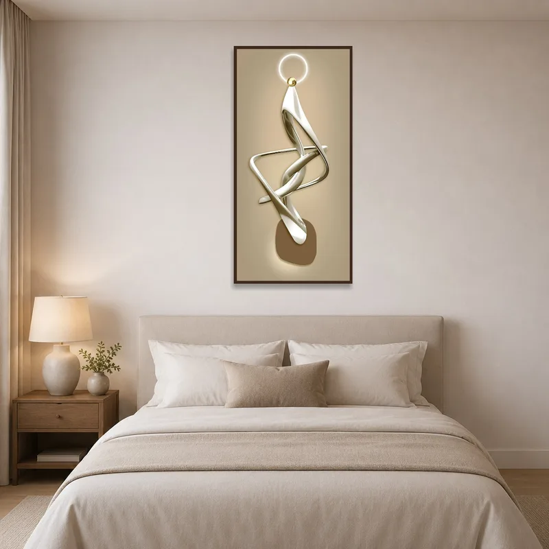Metallic tones create a serene atmosphere in the bedroom.