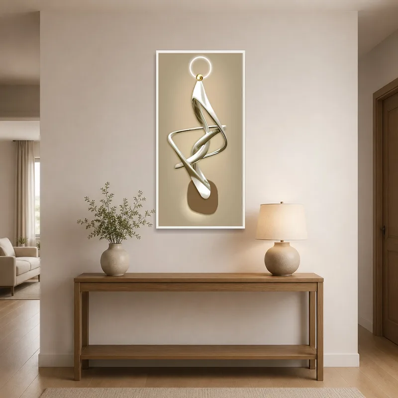 Metallic abstract art greets visitors in the entrance hall.