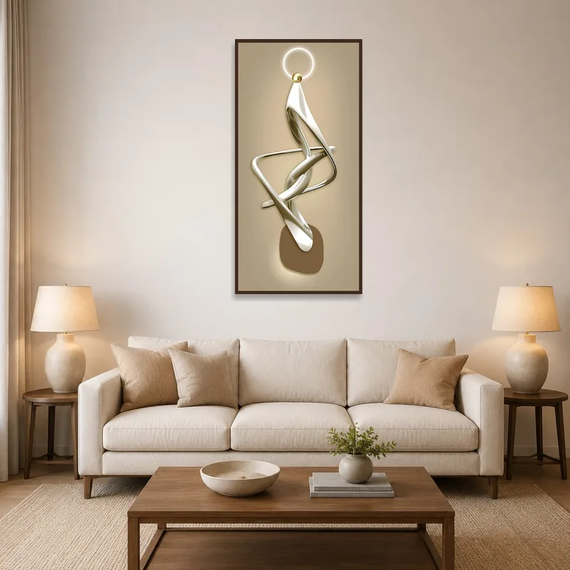 A metallic abstract art piece above a modern living room sofa.