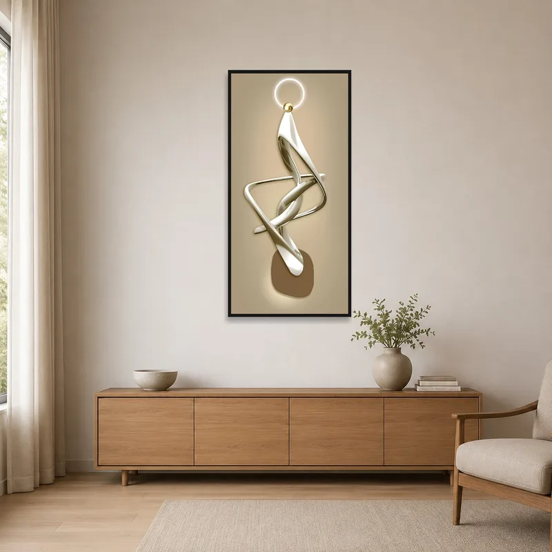 The artwork adds subtle texture in a minimalist room.