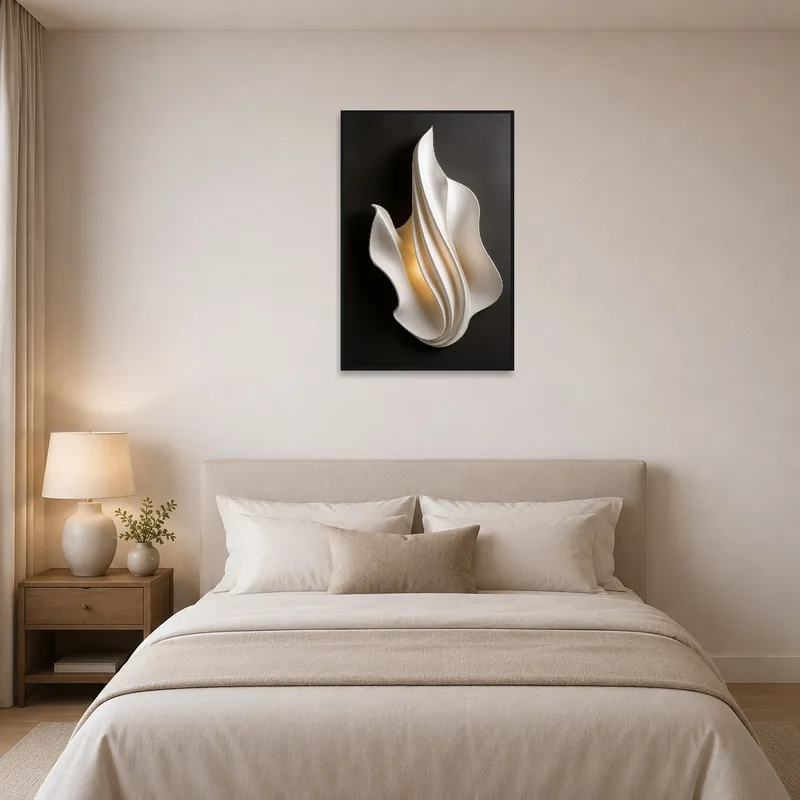 Sculptural Flow creates a serene vibe in a minimalist bedroom.