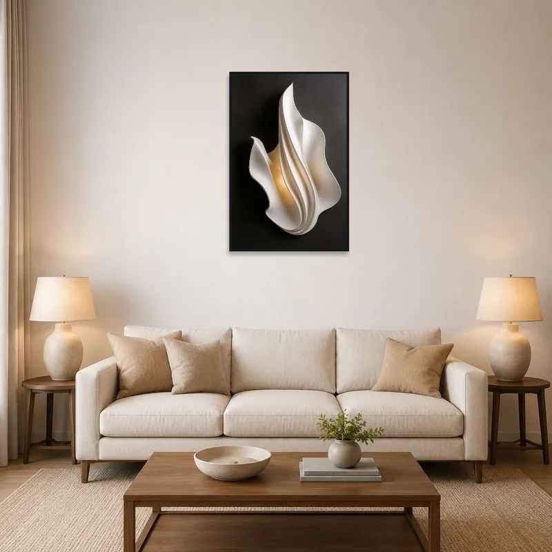 Sculptural Flow artwork hangs above a modern sofa in a cozy living room.