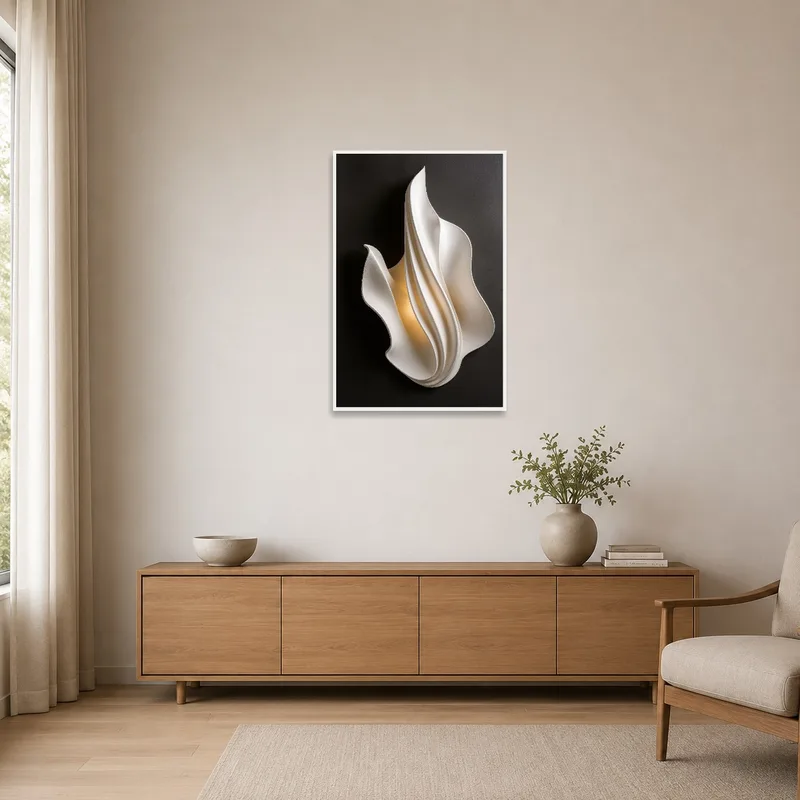 The artwork adds elegance against a plain wall in a minimalist setting.