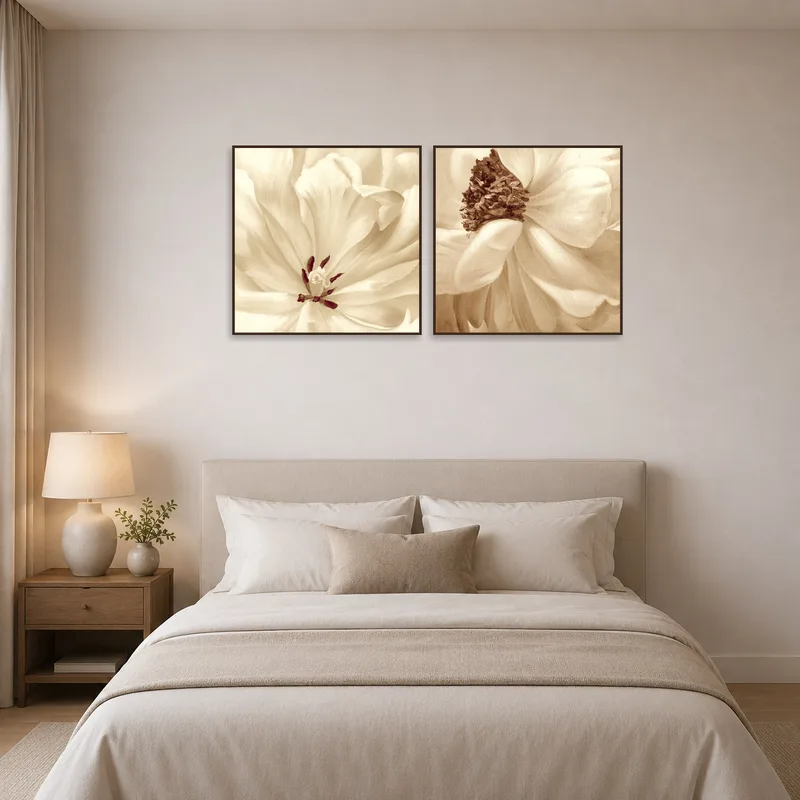 Elegant sepia flower macro prints create a calming vibe in a bedroom.