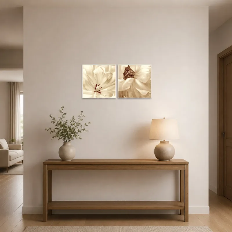 Floral macro art in sepia tones welcomes guests in the entrance hall.