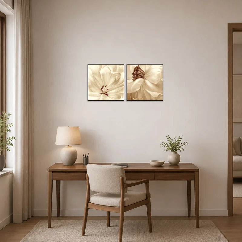 Sepia floral macro set lends a classic touch to a tidy home office wall.