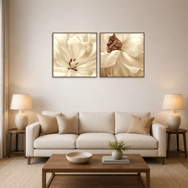 Sepia floral macro art set on a living room wall above a plush gray sofa.