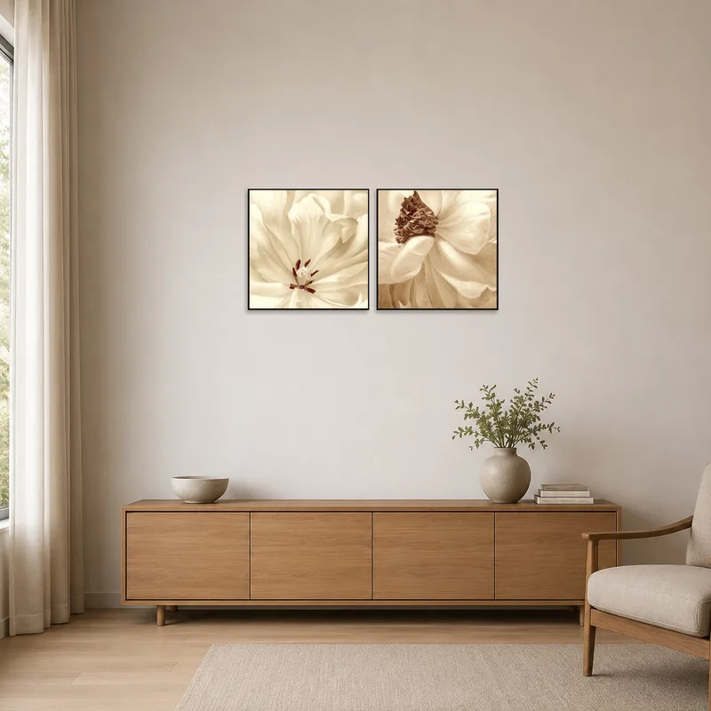 Sepia macro floral set adds warmth to a minimalist room with white walls.
