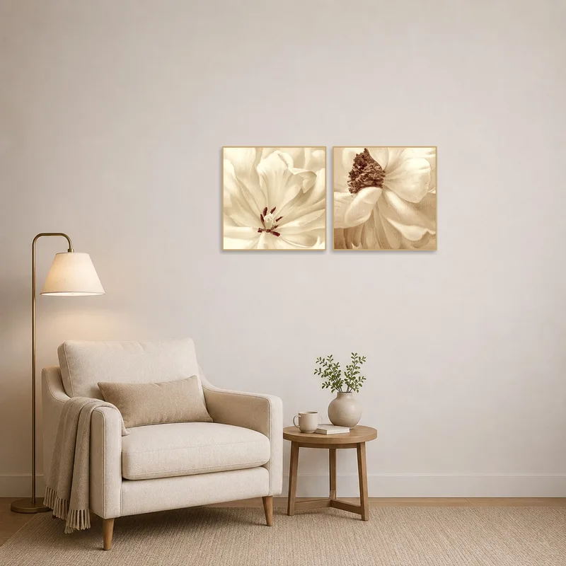 Sepia floral art set enhances a cozy reading corner's serene atmosphere.
