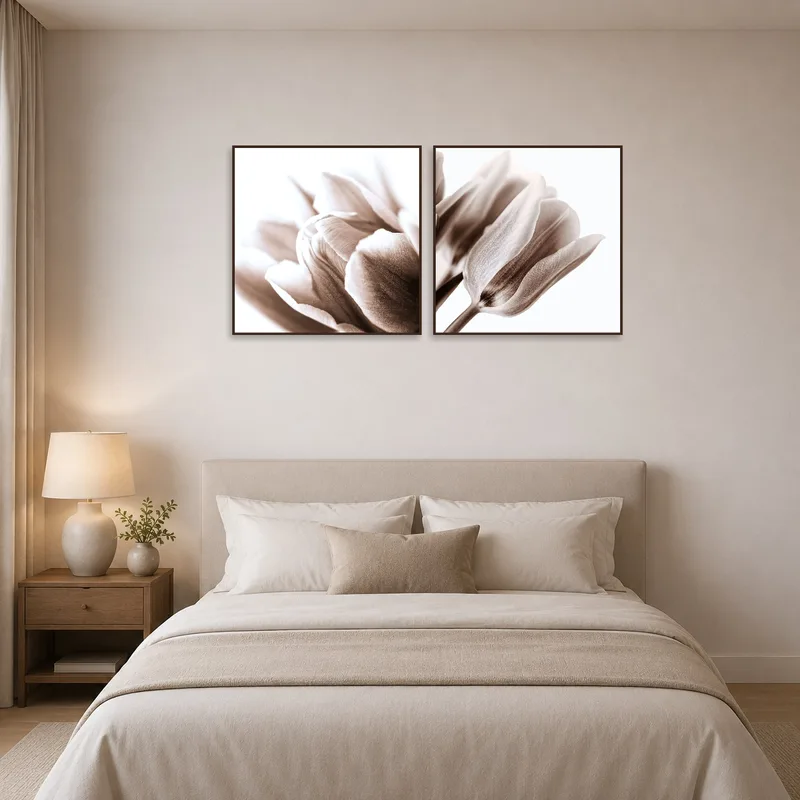 Sepia floral tulips create a serene atmosphere in the bedroom.