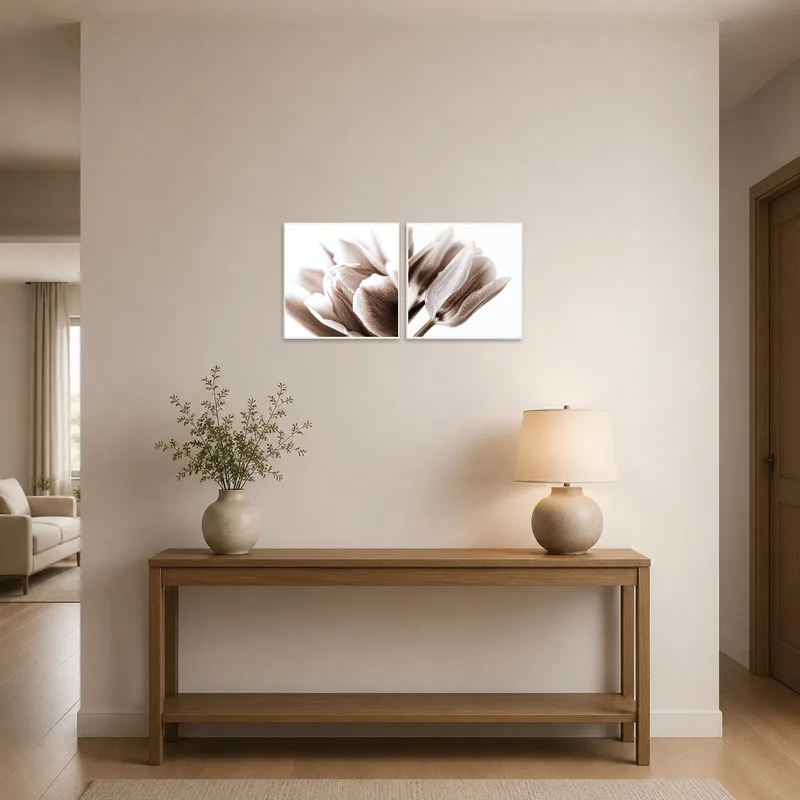 Warm sepia tulip art welcomes guests in the entrance hall.