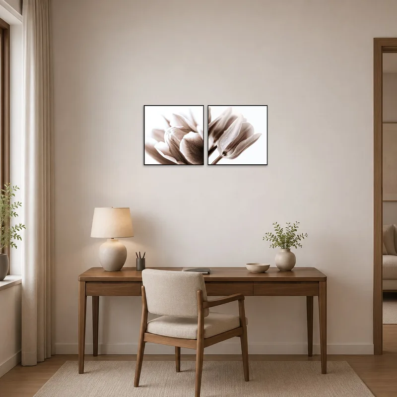 Sepia tulip blossoms lend a sophisticated look to the home office.