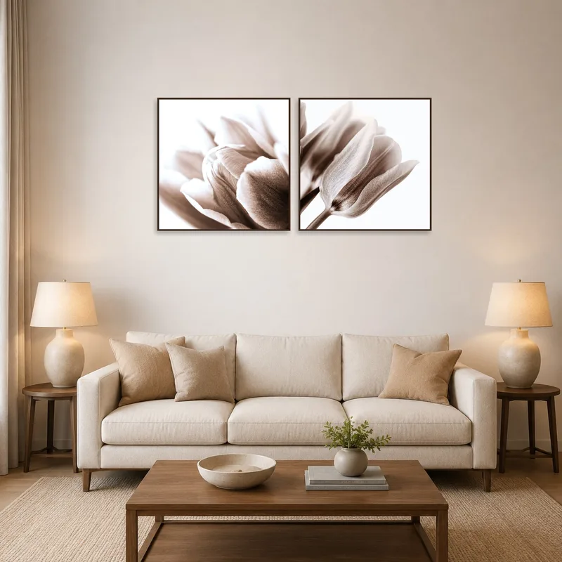 Sepia floral art of tulip blossoms adds elegance to the living room wall.