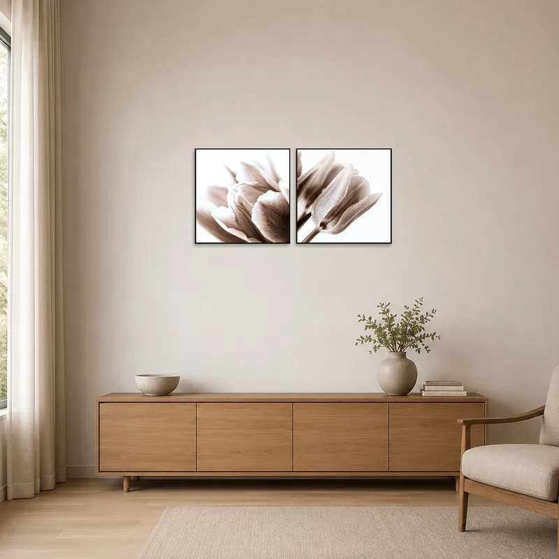 Tulip blossoms in sepia tones complement the minimalist decor.