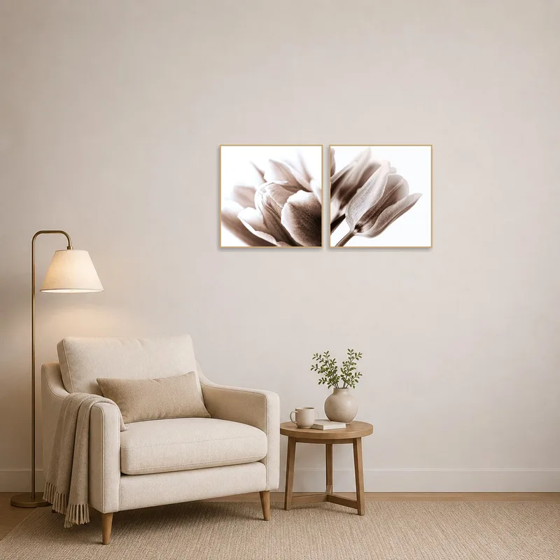 Sepia tulip blossoms bring a soothing touch to the reading corner.