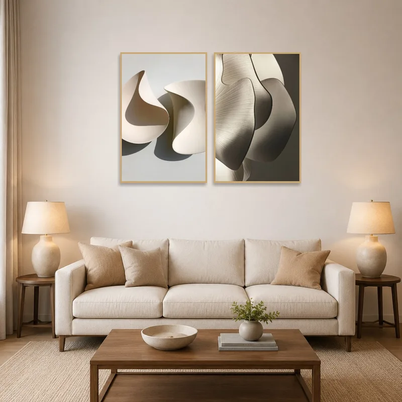 Abstract curves art set on a living room wall with cozy seating.