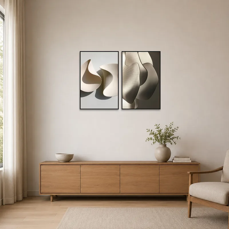 Art set of curves in a sleek, minimalist room with clean lines.