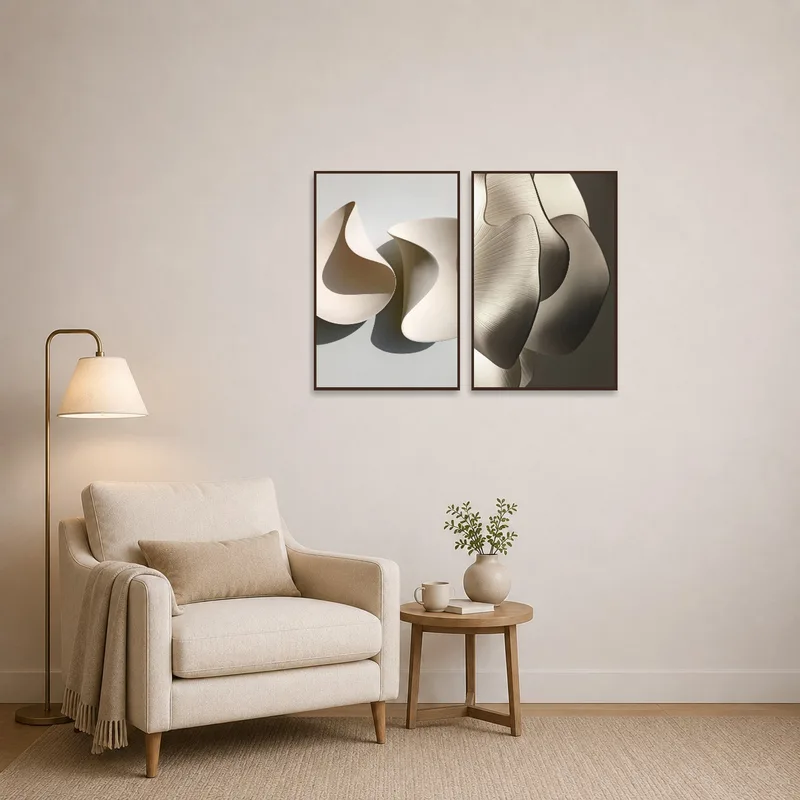 Reading corner decorated with serene abstract curves wall art.