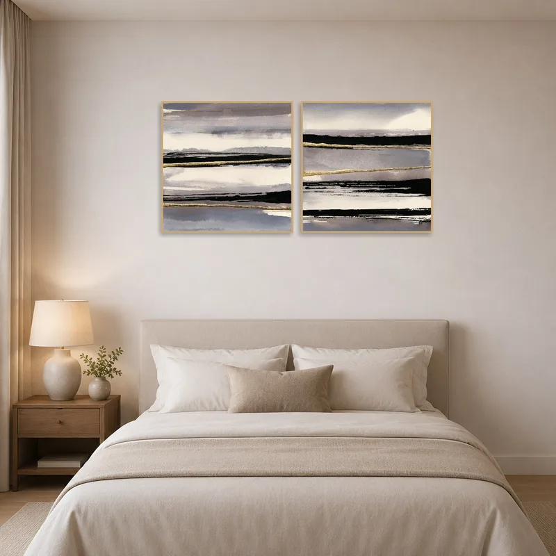 Abstract landscape duo creating a calming presence in the bedroom.