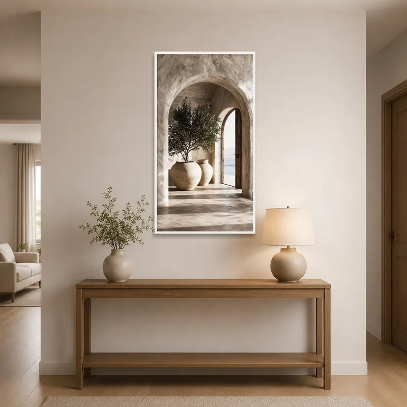 Welcoming entrance hall with an archway-themed print and rustic elements.