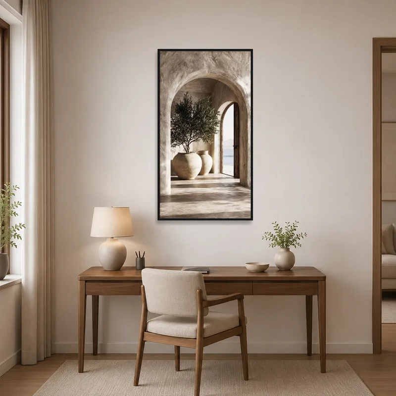 Home office with calming archway print creating a relaxing workspace.