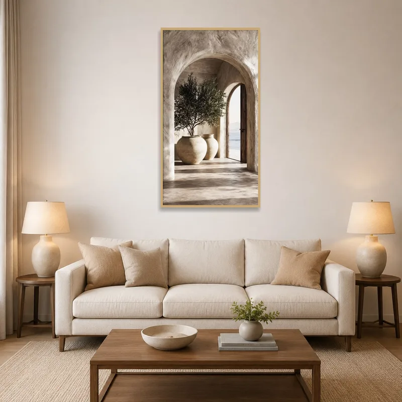 Print of serene archway with olive trees in a cozy living room setting.