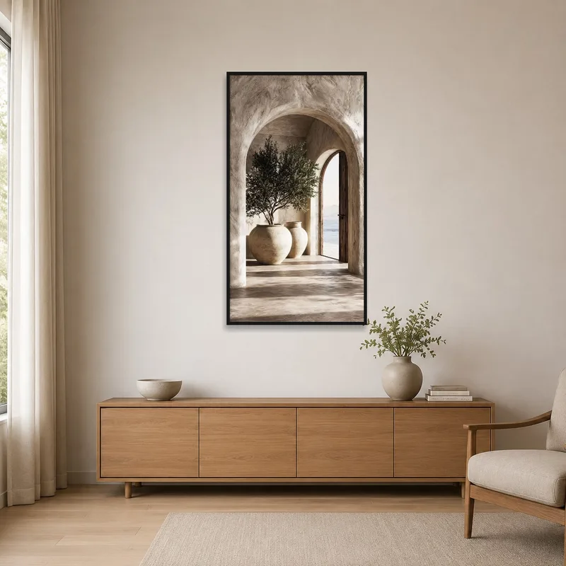 Simple room featuring the archway and olive trees print on a bare wall.