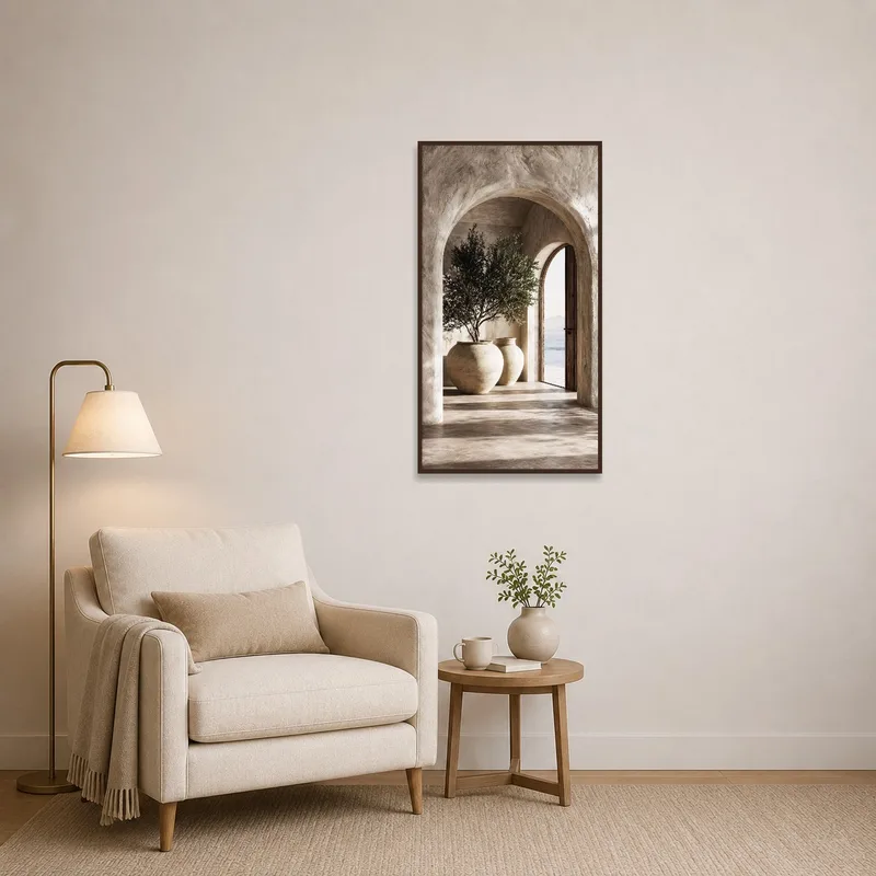 Serene archway print with olive trees in a peaceful reading corner.
