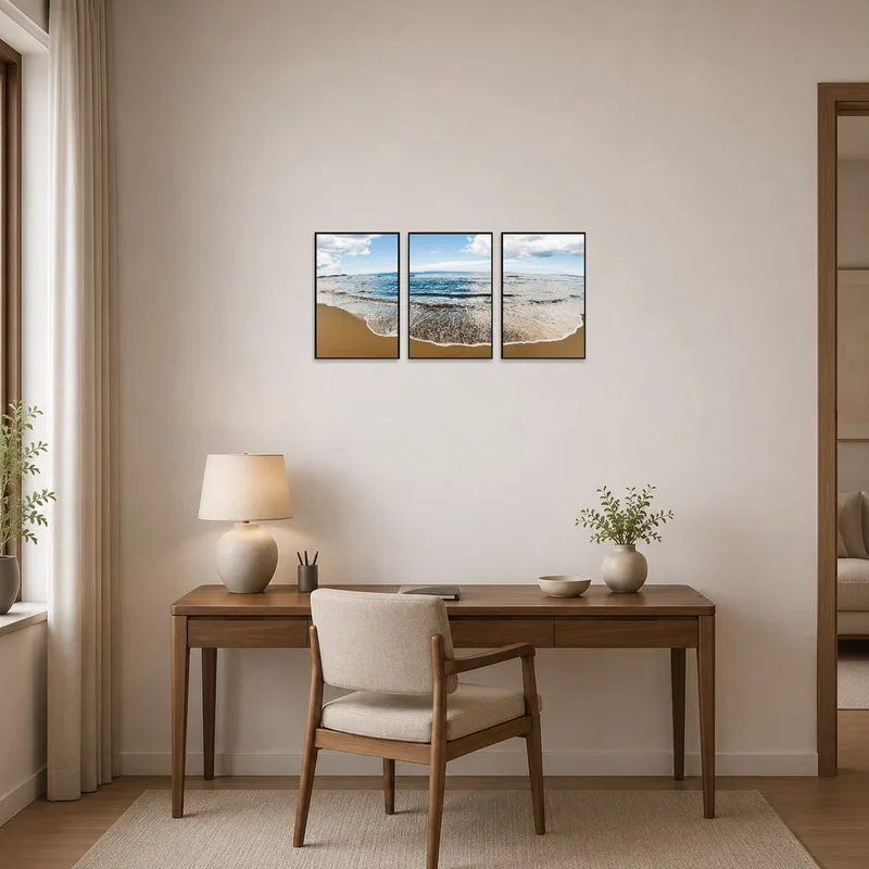 Triptych of beach waves inspires creativity in a home office.