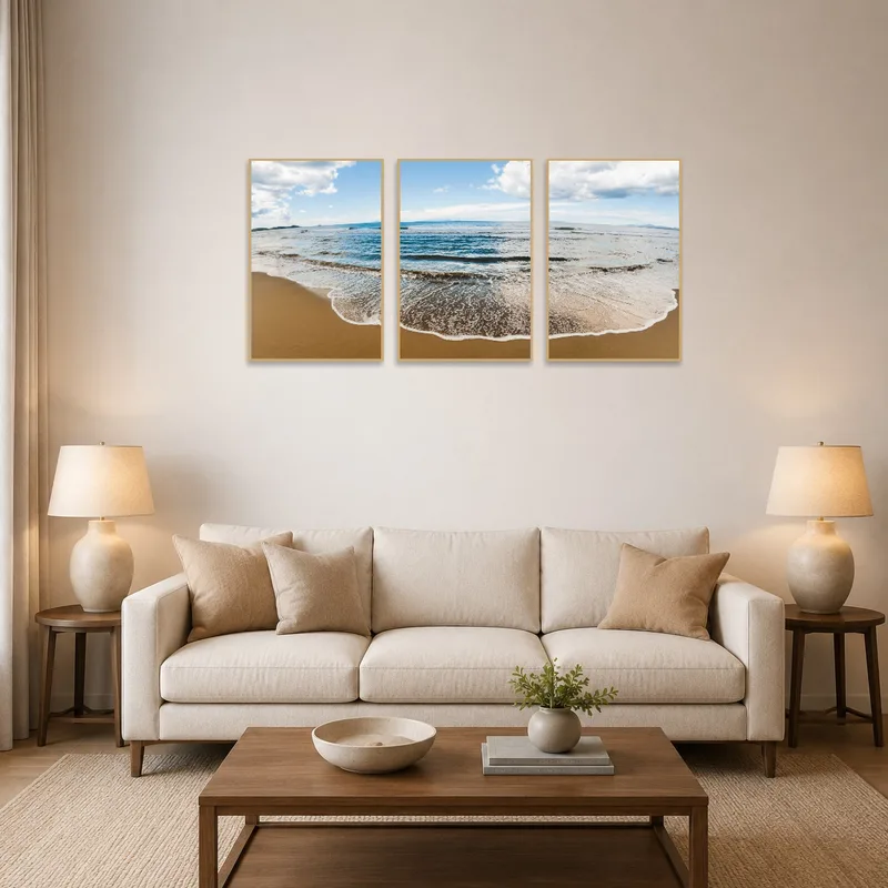A triptych of serene beach waves hangs above a cozy living room sofa.
