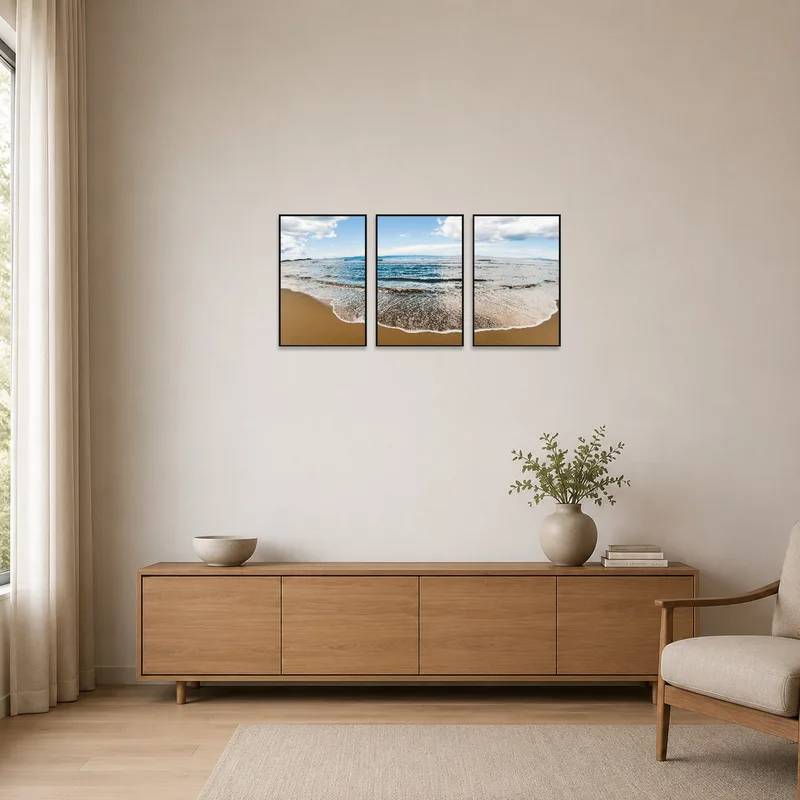 Beach waves triptych adds tranquility to a minimalist white wall.