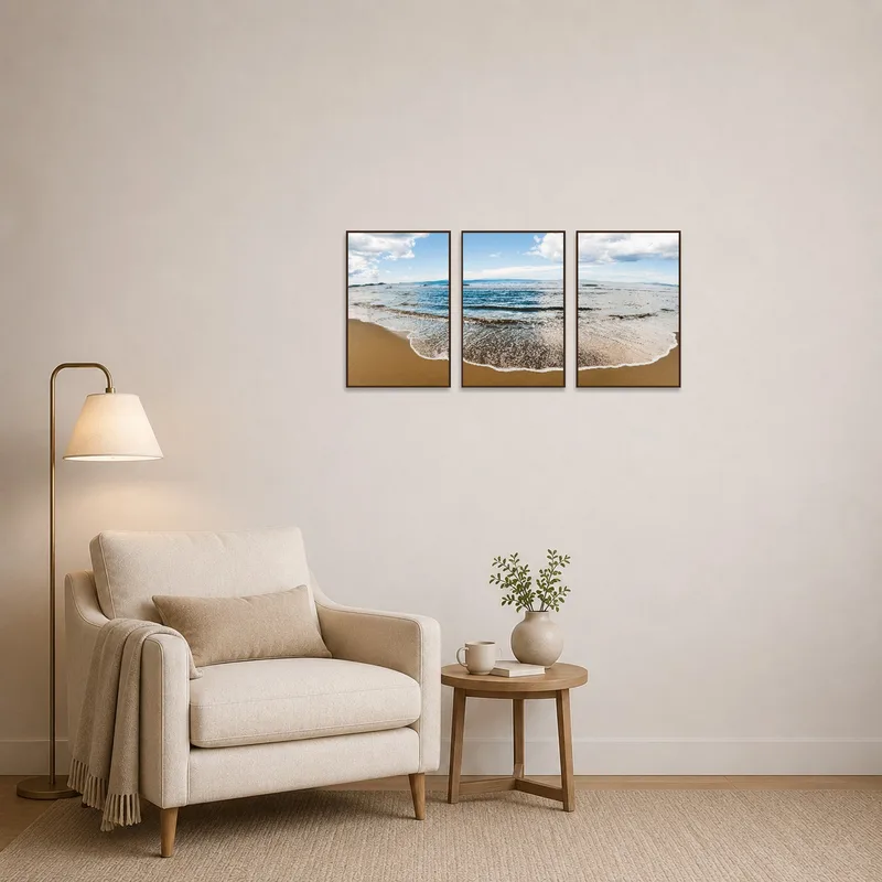 Triptych of calm waves enhances the calm vibe of a reading corner.