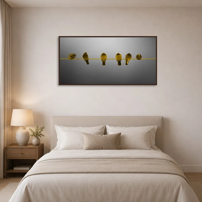 Birds on a wire panoramic art infuses serenity into the bedroom ambiance.