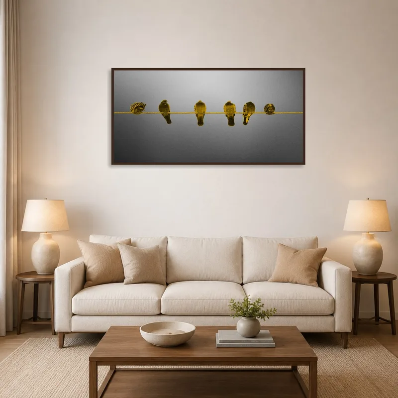 Panoramic art of birds on a wire adds tranquility to the living room wall.