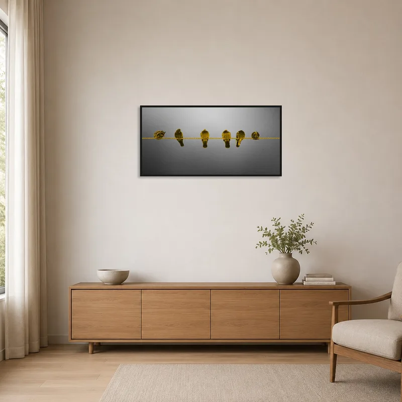 Minimalist setting with serene birds on a wire enhancing simple decor.