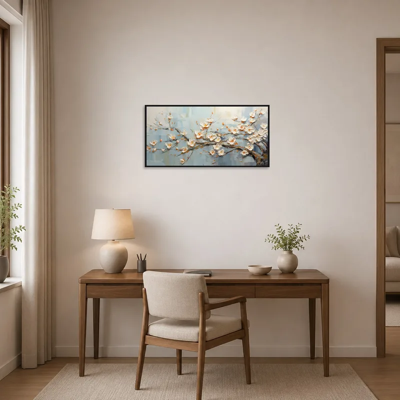Serene Blossom branch inspiring creativity in a modern home office.