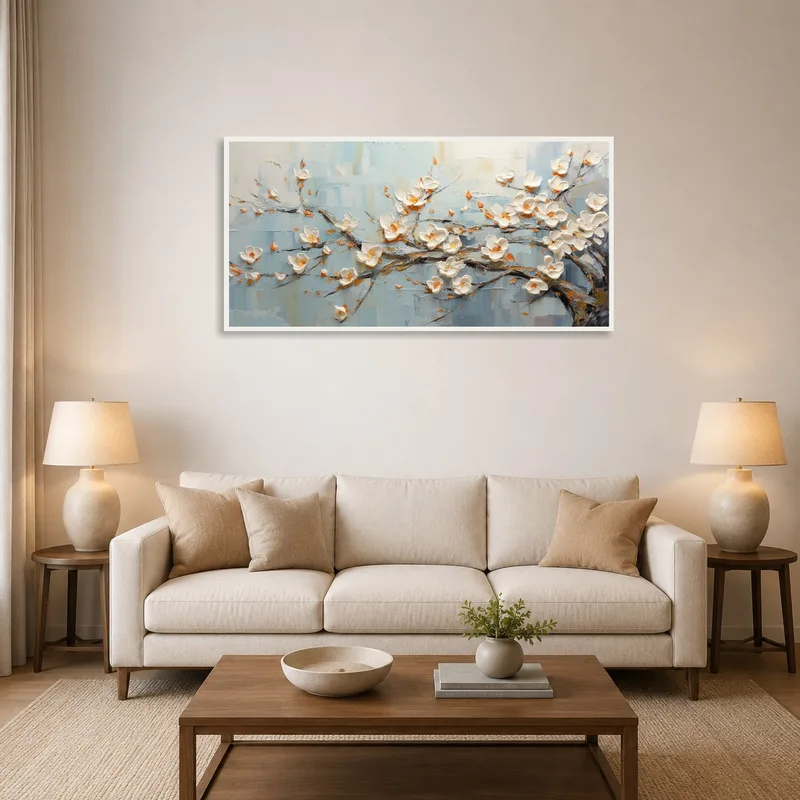 Serene Blossom art enhancing a cozy living room with soft tones.