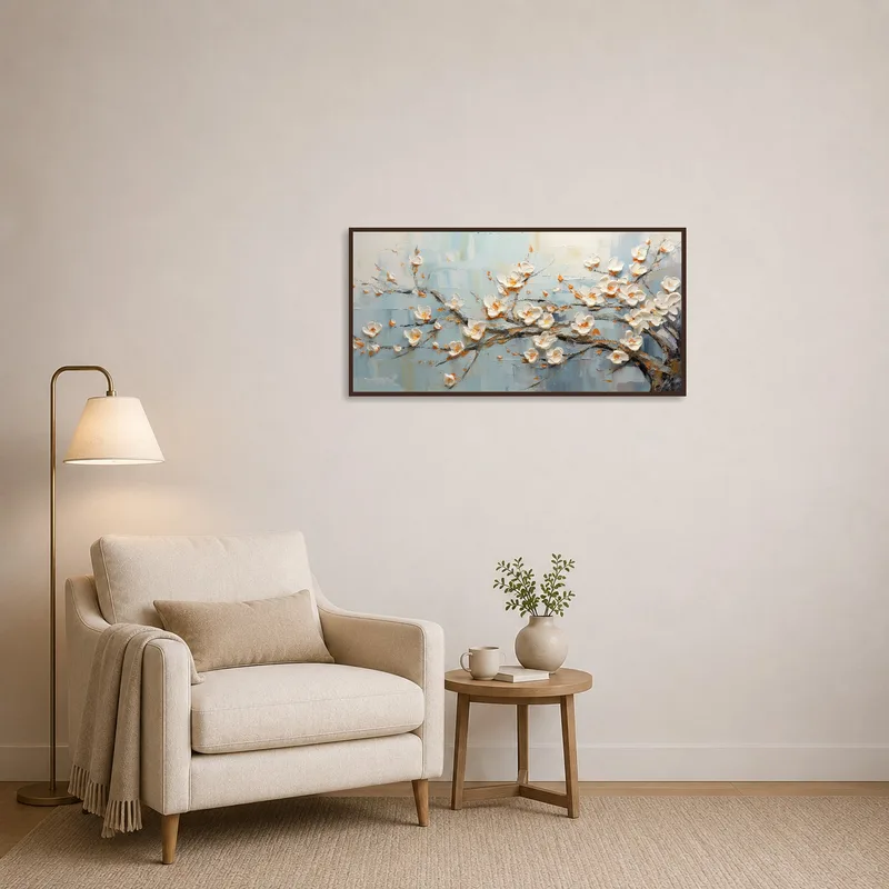 Serene Blossom branch adding calm to a cozy reading corner.