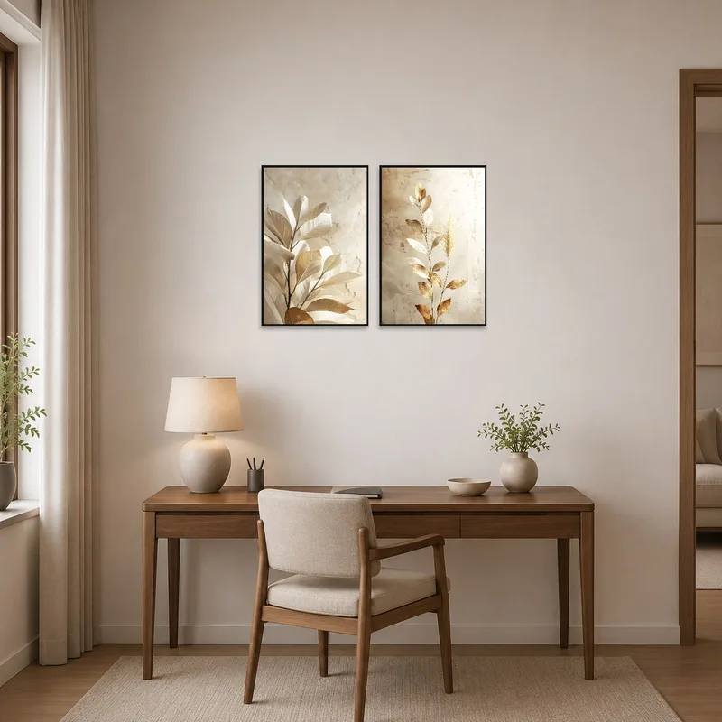 Home office with serene botanical prints adds a calming touch.