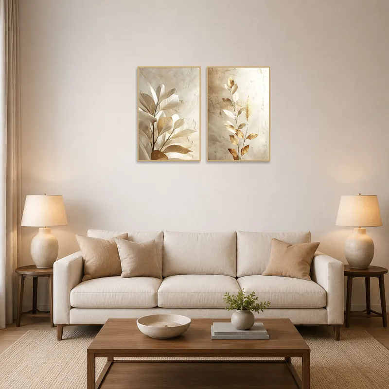 Botanical print set enhances a cozy living room with natural elegance.